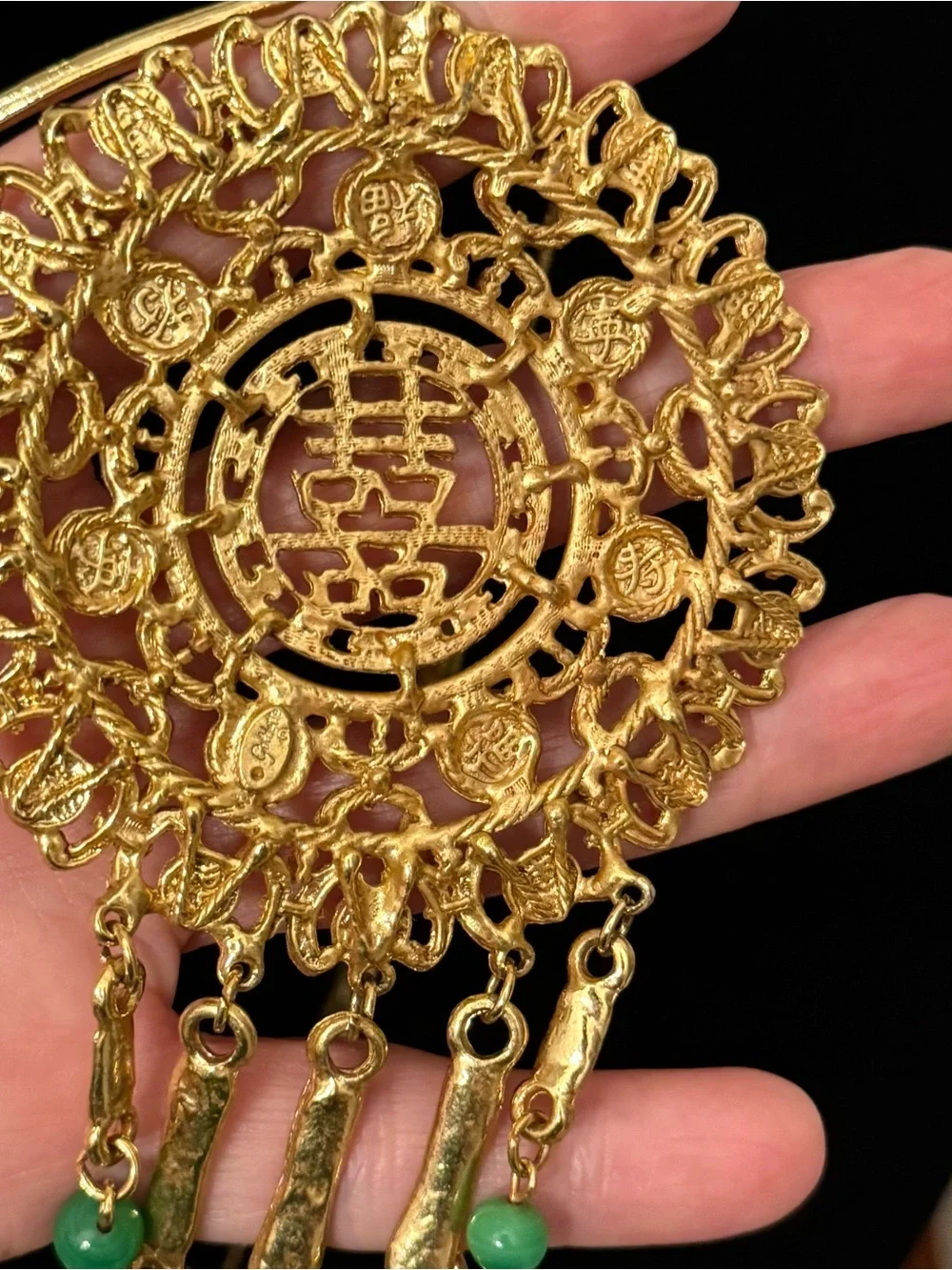 Vintage 1960s Goldette New York Signed Gold Tone Asian Runway Necklace Perfect!
